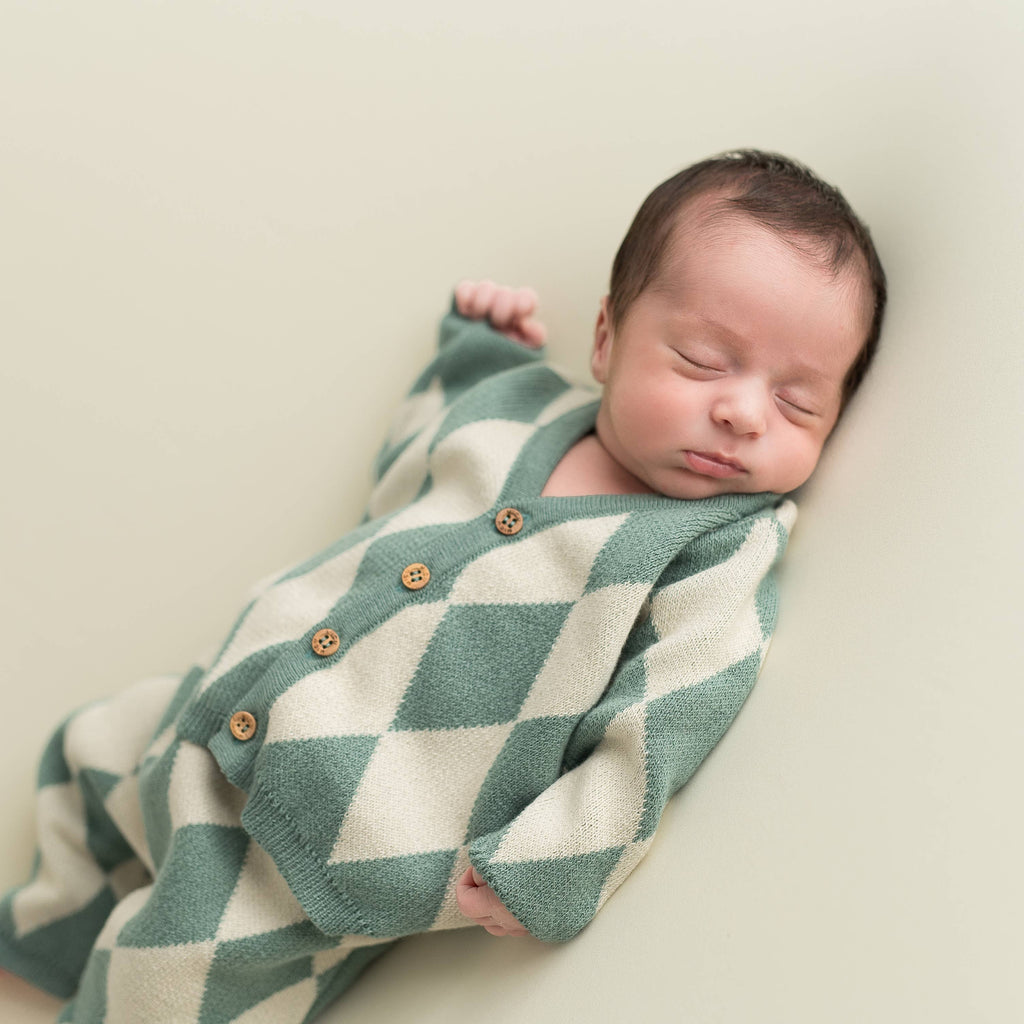 Baby Knitted Jacket and Pant Diamond Set | Teal & White