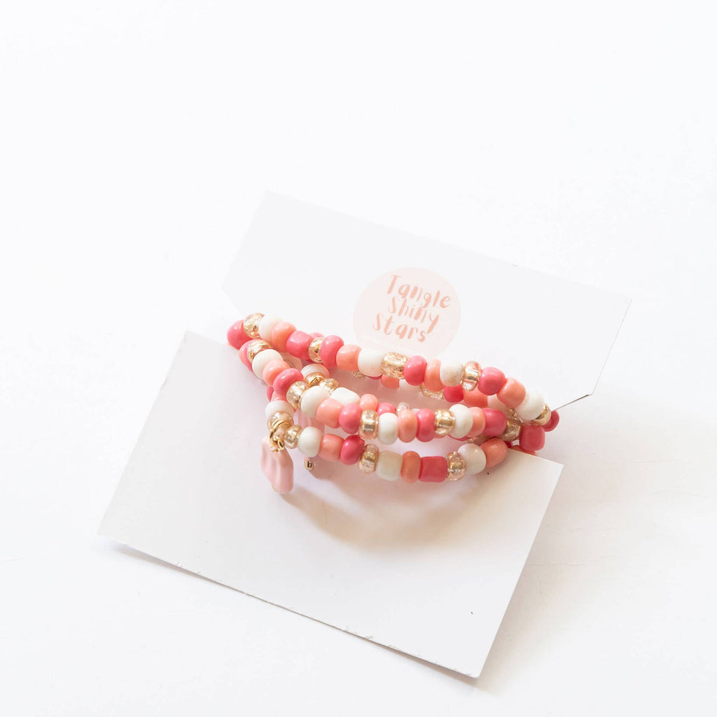 Girls Beaded Charm Necklace and Bracelet Set | White, Pink & Gold