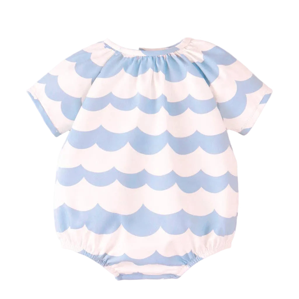 Baby Scallop Print Short Sleeve Romper | Blue and White