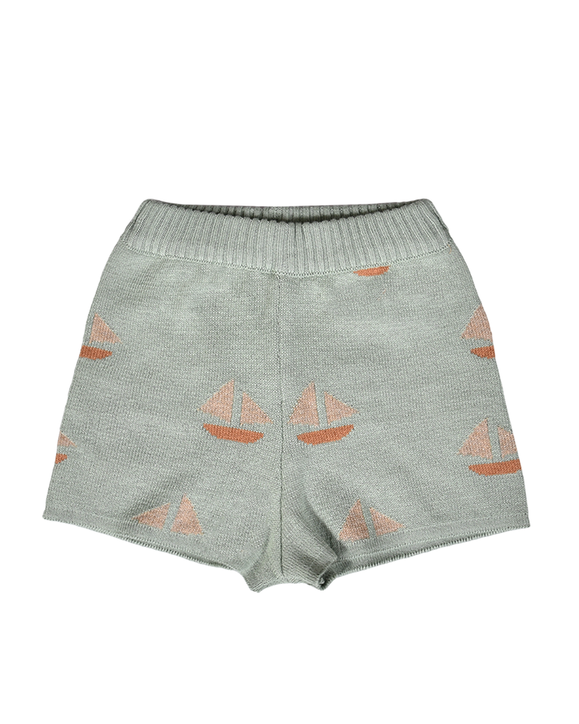 Baby Theo Knit Short  with Boats Pattern | Seafoam