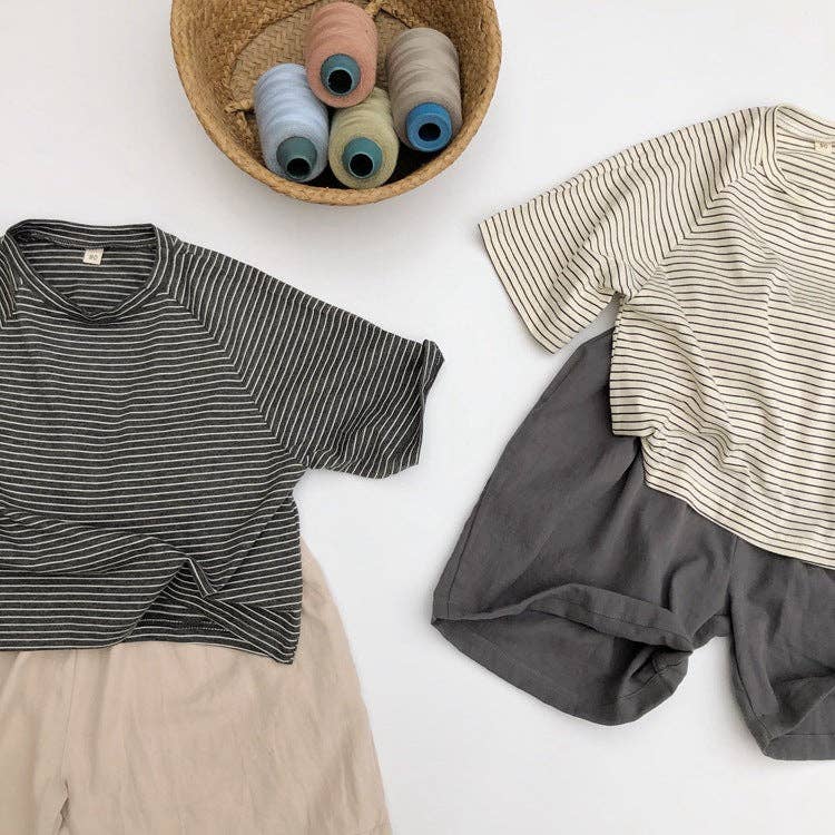 Toddlers and Kids Cotton Short Sleeve T-Shirt | Cream and Beige Stripes