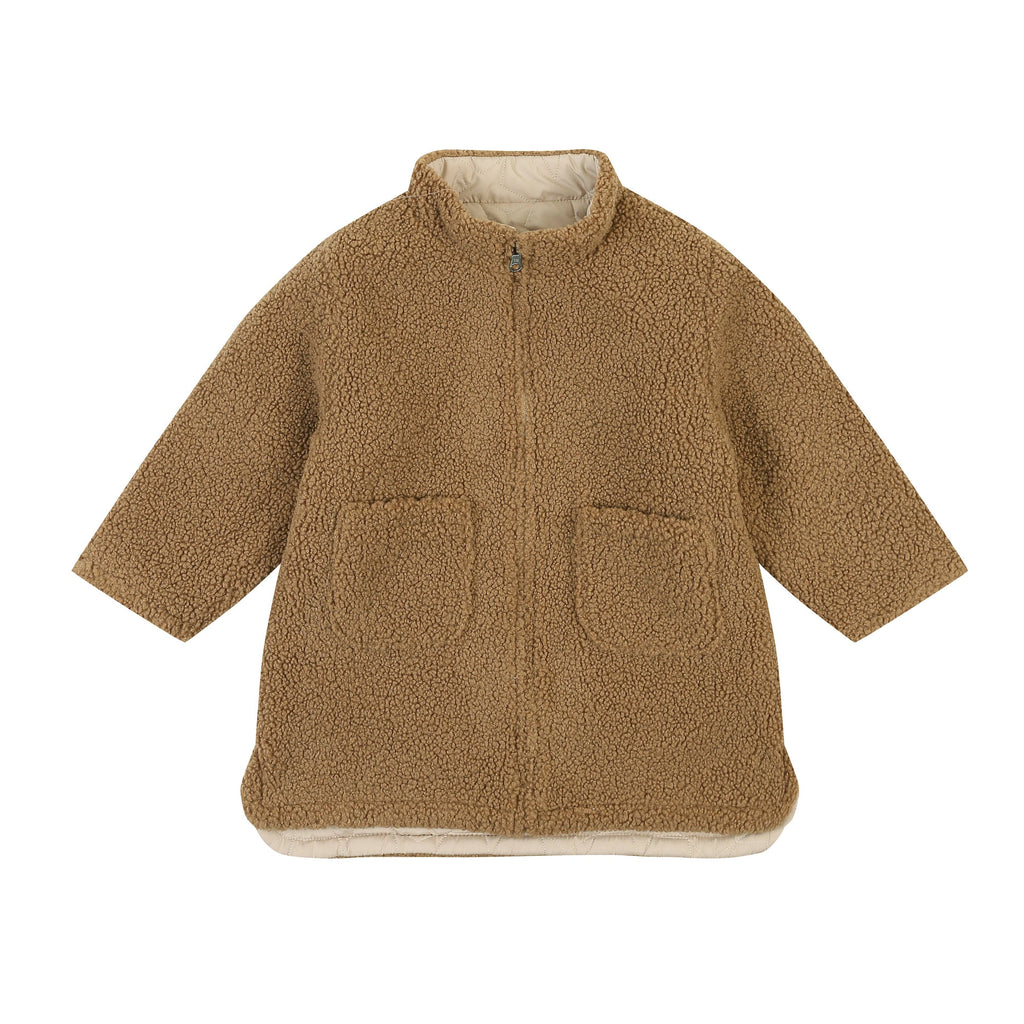 Quilt & Teddy Reversible Long Jacket | Beige/Brown