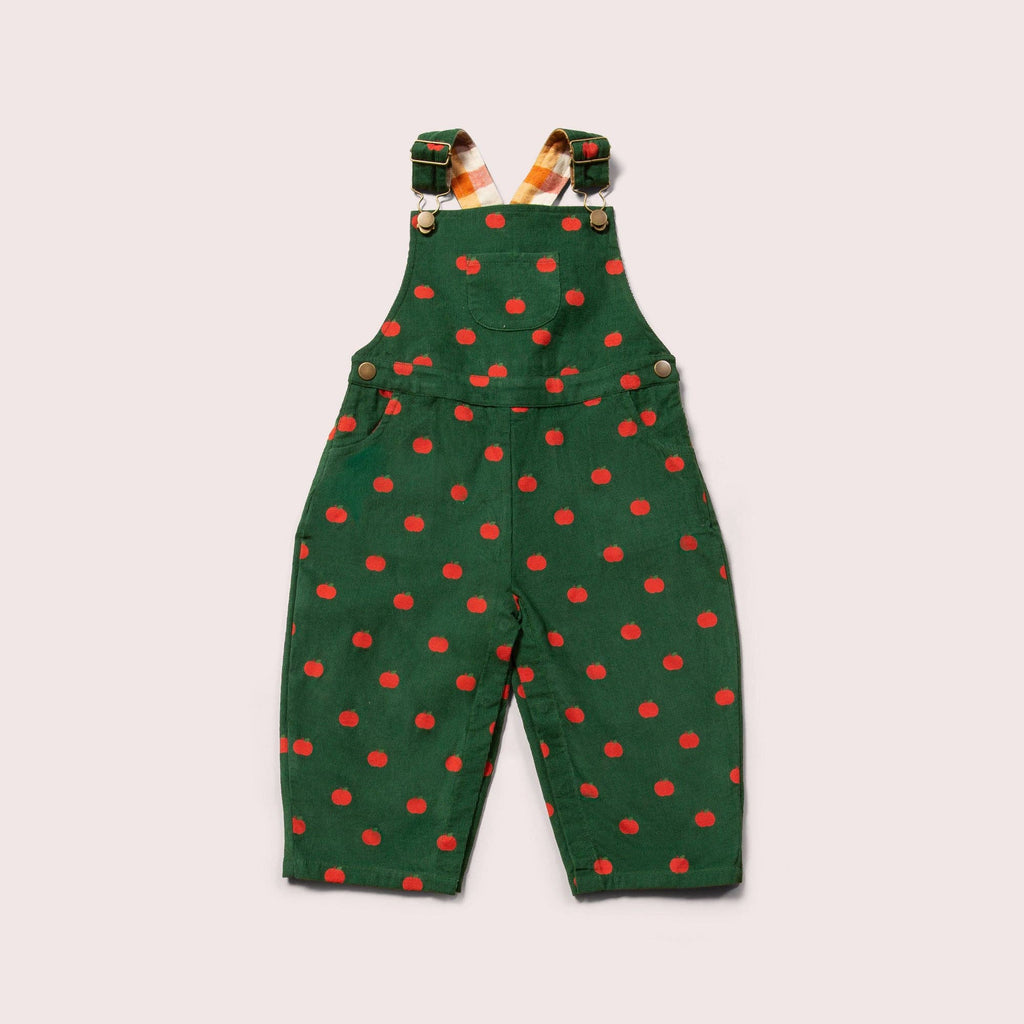 Baby and Toddler Corduroy Dungarees | Green with Apple Print