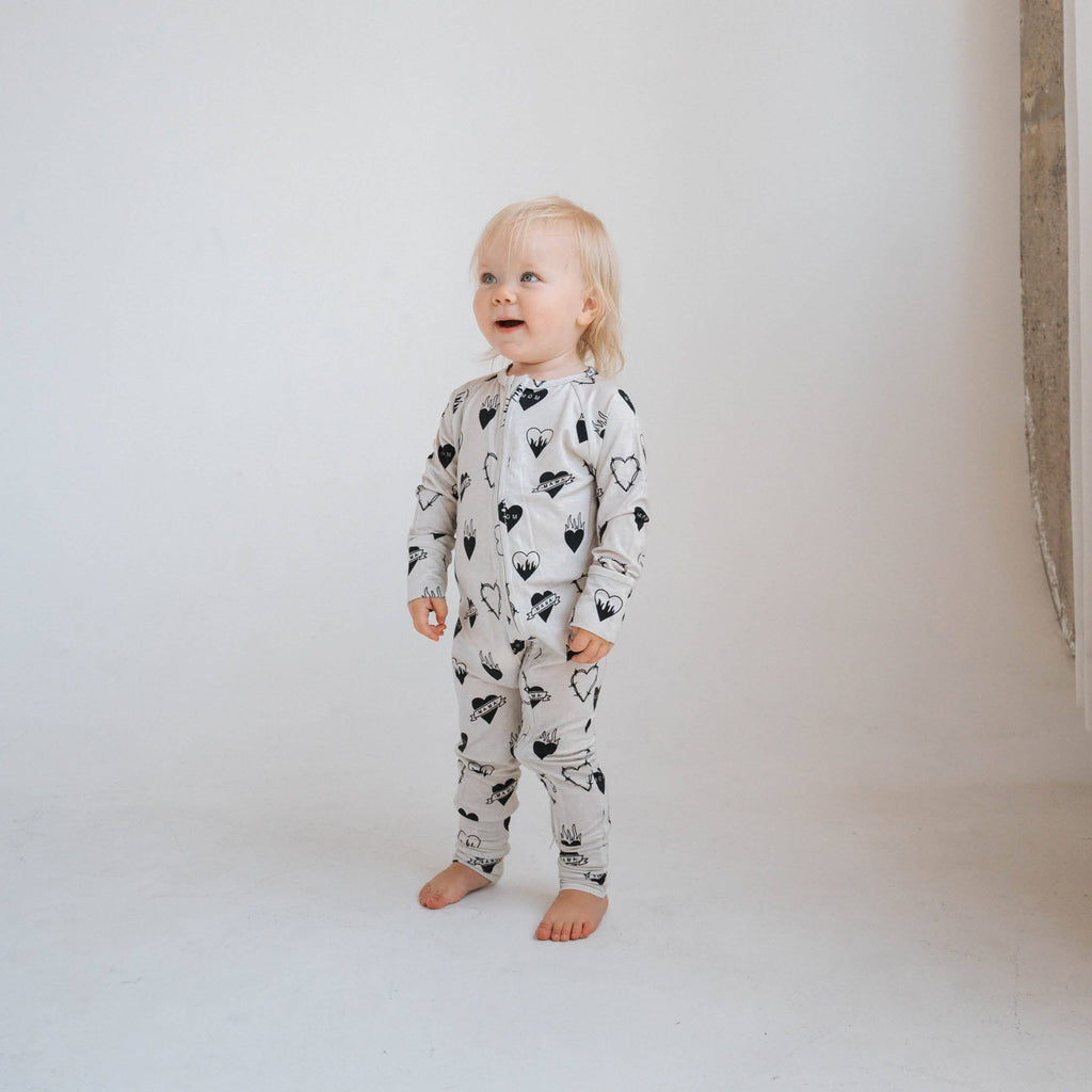 Baby Bamboo Zip Romper|  Tattoo Heart Heather Grey