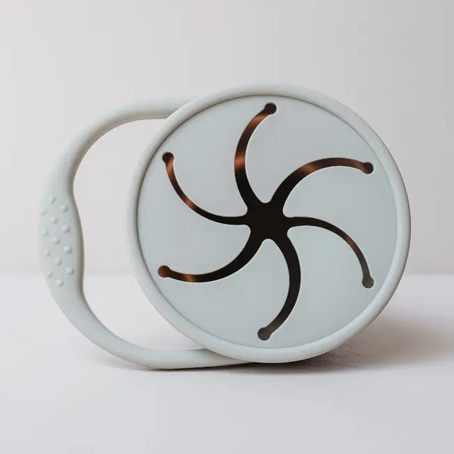 Grey snack cup with lid from a different angle