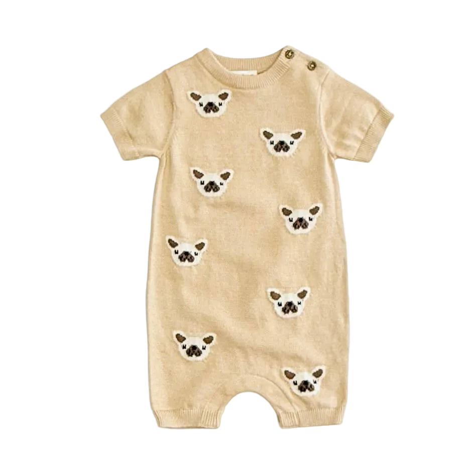 Baby Frenchie Dog Jacquard Knit Romper | Oat Heather