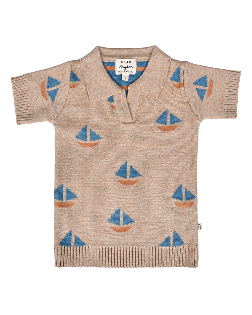 Baby Cameron Knit Polo with Boats Pattern | Sand