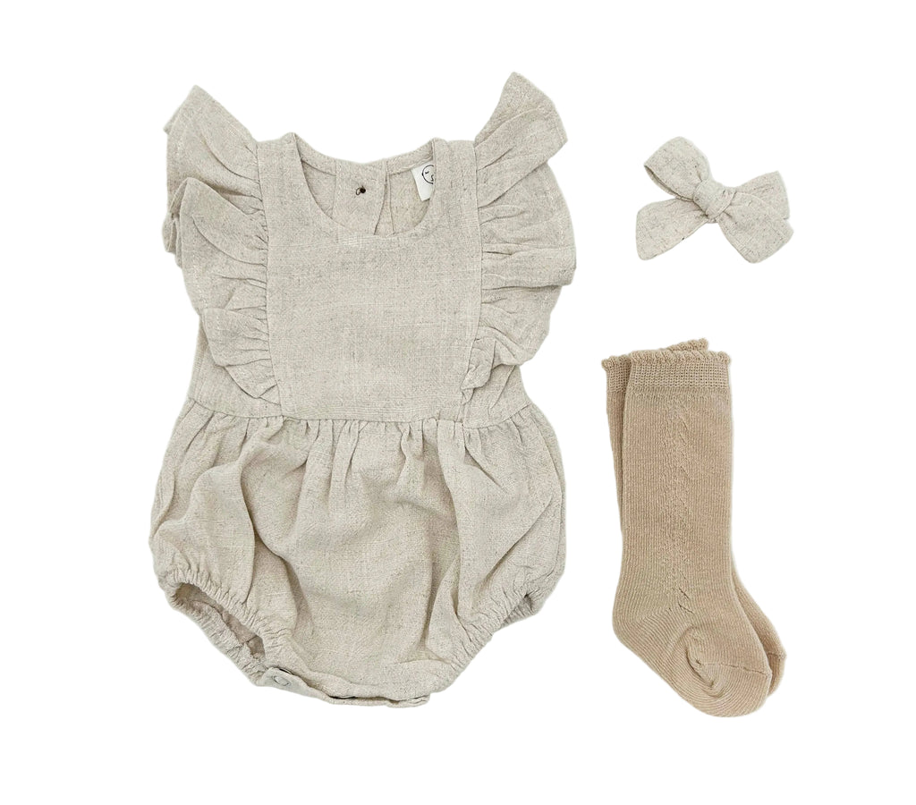 Baby Sleeveless Romper 3pc Set | Oat Linen