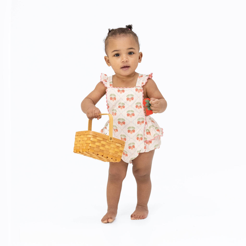 Baby Girl Strawberry Ruffle Sunsuit | Pink