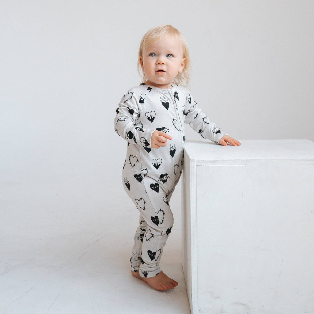 Baby Bamboo Zip Romper|  Tattoo Heart Heather Grey