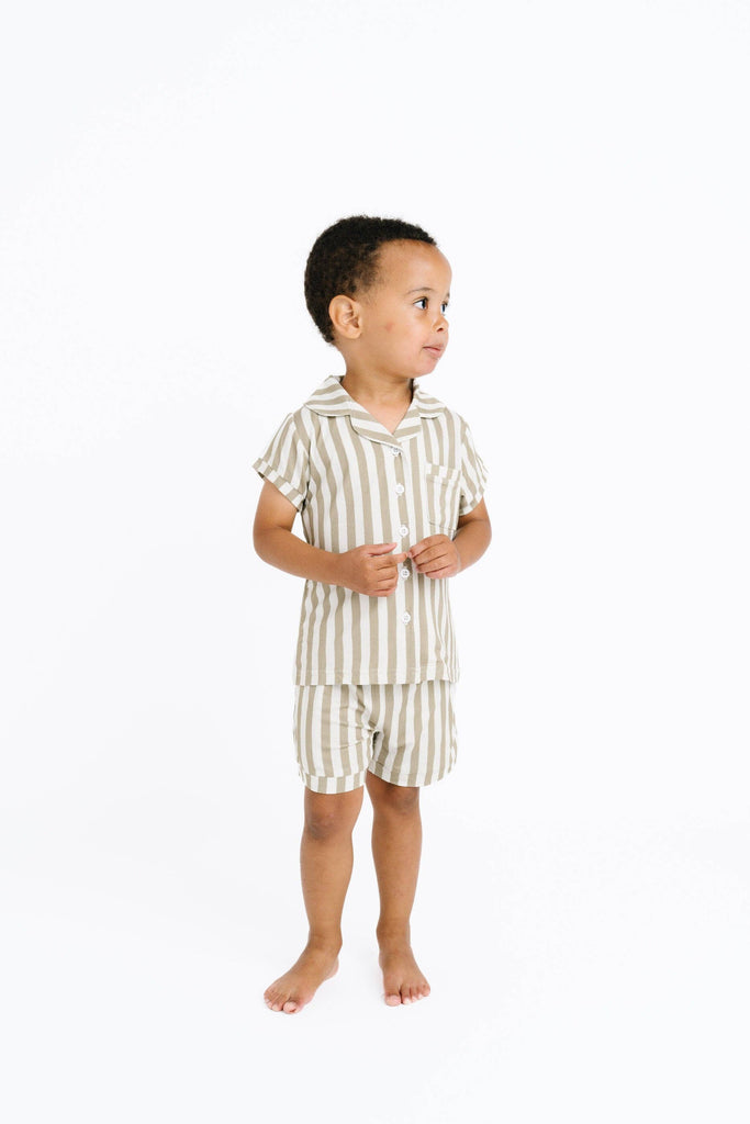 Baby & Toddler Bamboo Short Button Up Set | White and Olive Striped