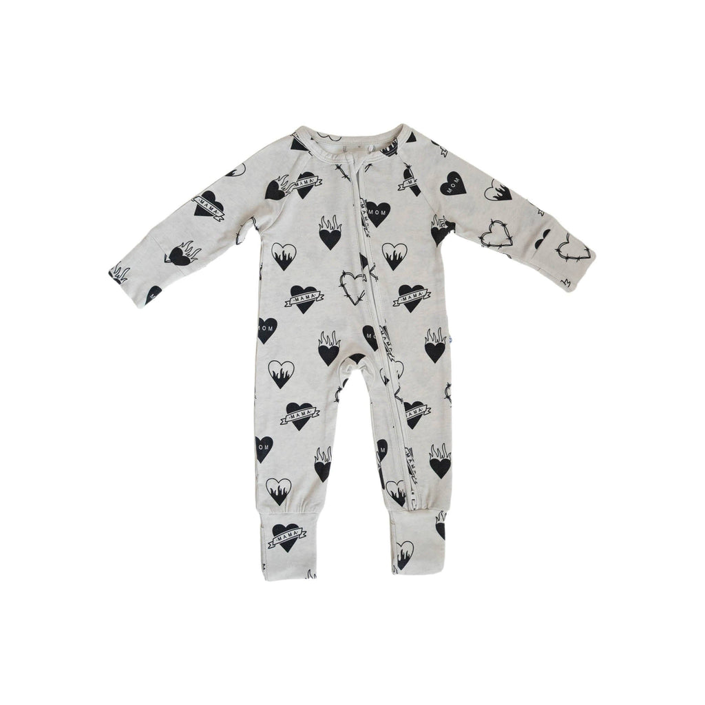 Baby Bamboo Zip Romper|  Tattoo Heart Heather Grey