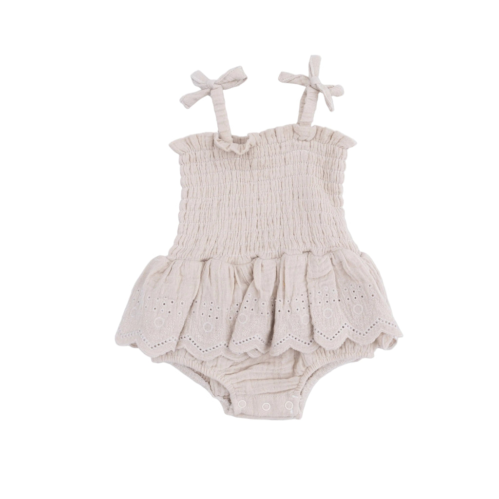 Baby Girl Muslin Smocked Bubble Romper | Beige