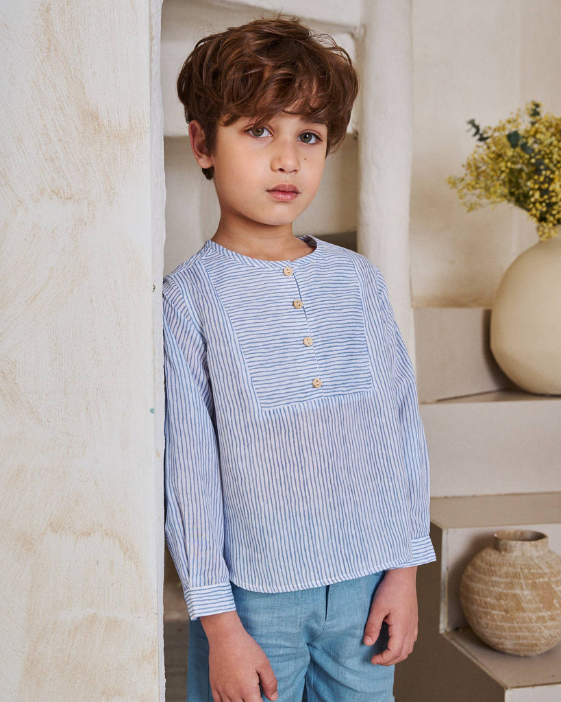 Boys Shirt with Bib | Pastel Blue & White Stripe