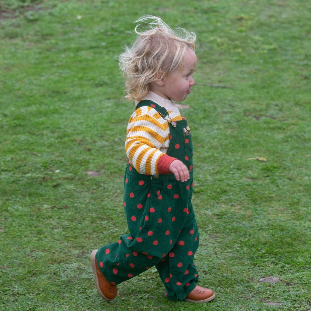 Baby and Toddler Corduroy Dungarees | Green with Apple Print