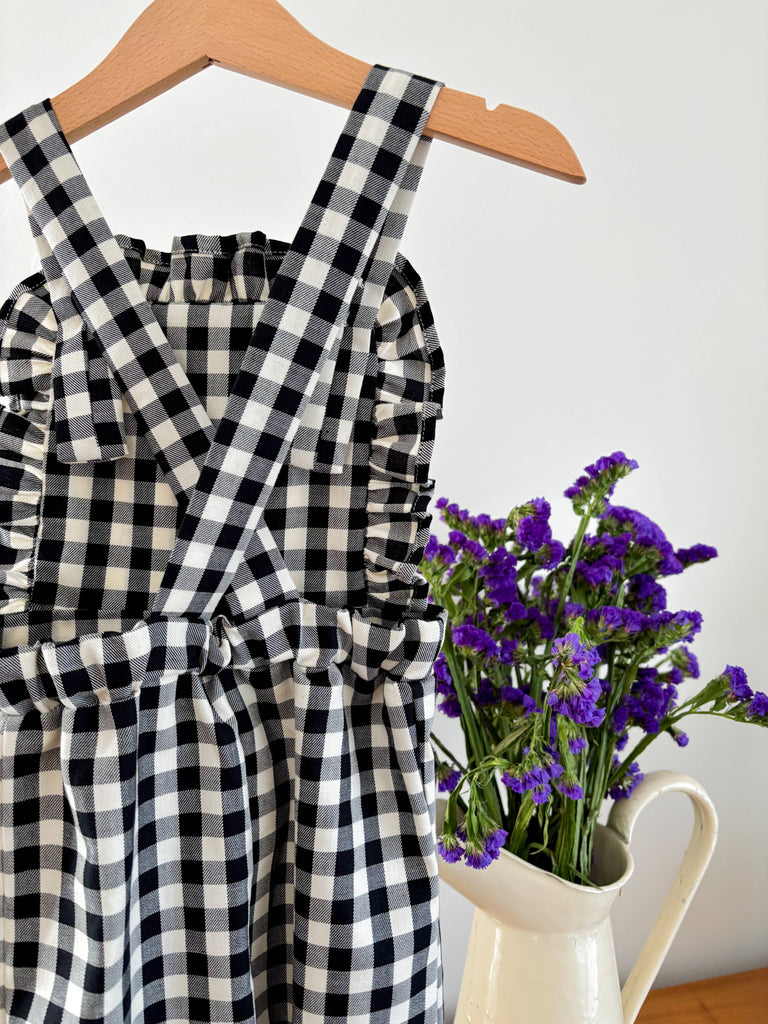 Girls Gingham Jumpsuit | Black & Cream