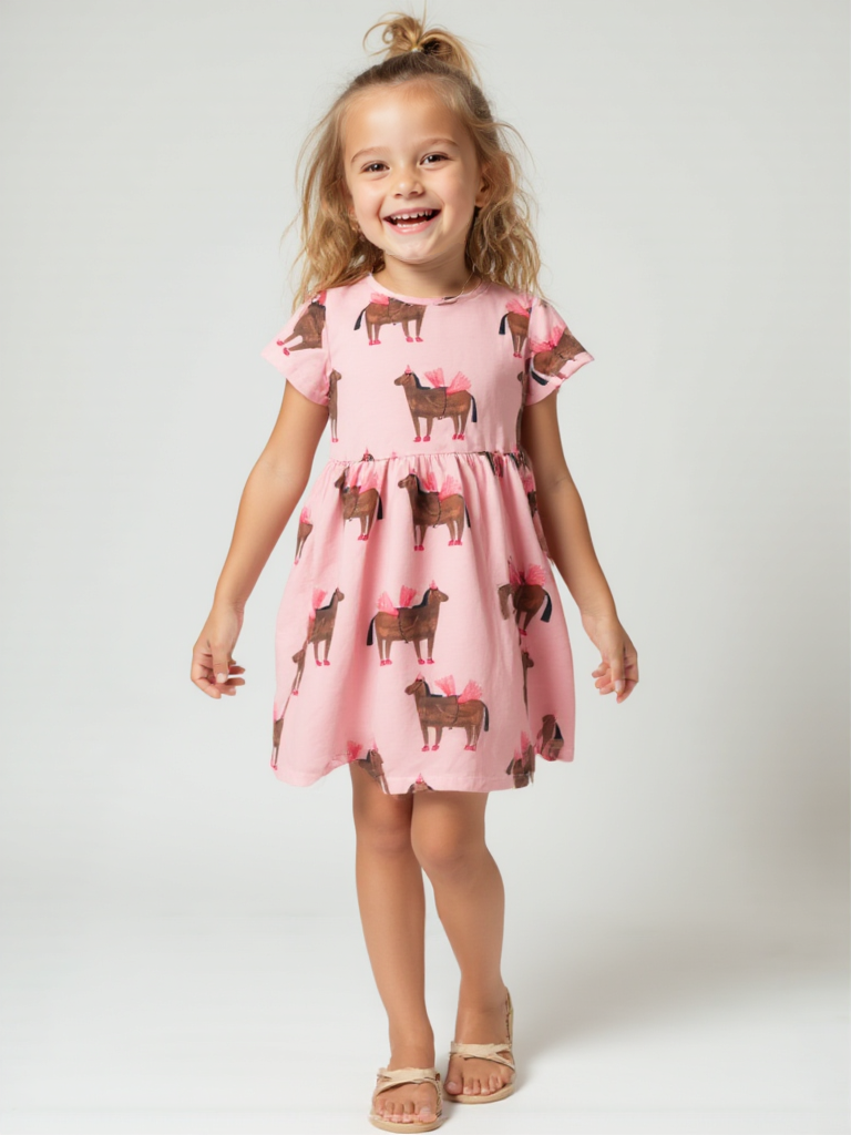 Girls Flying Horses Print Dress | Pink