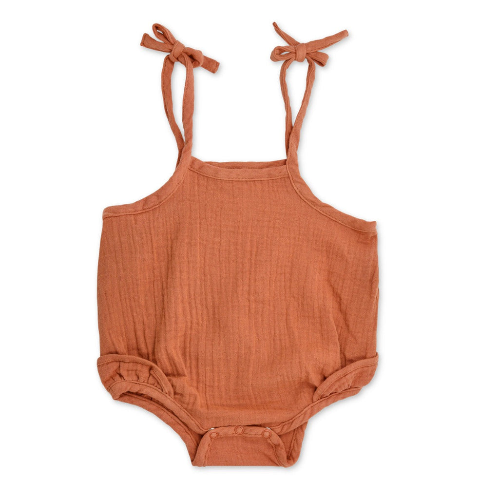 Baby Muslin Ruffle Romper with Ties | Rust