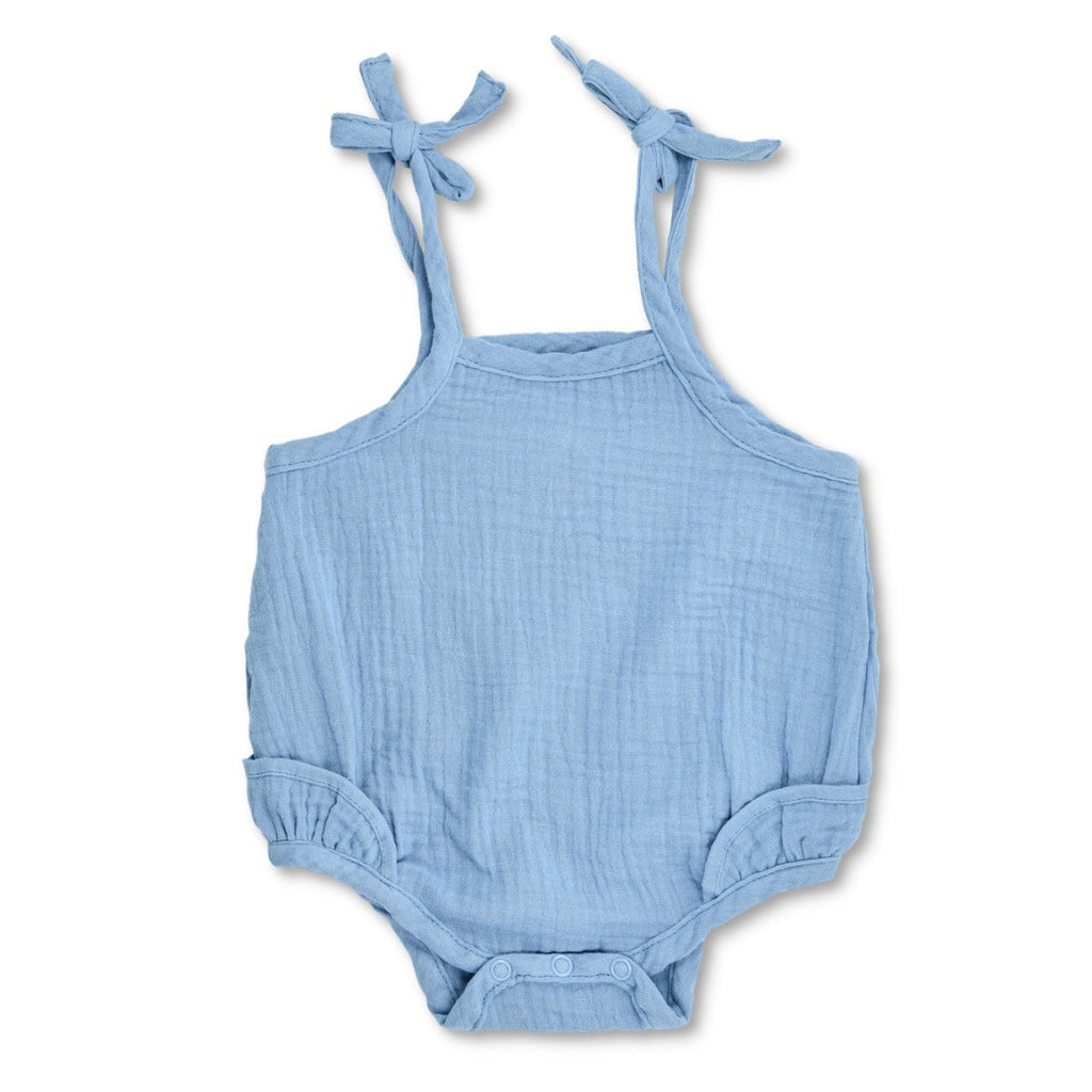 Baby Muslin Ruffle Romper With Ties | Blue