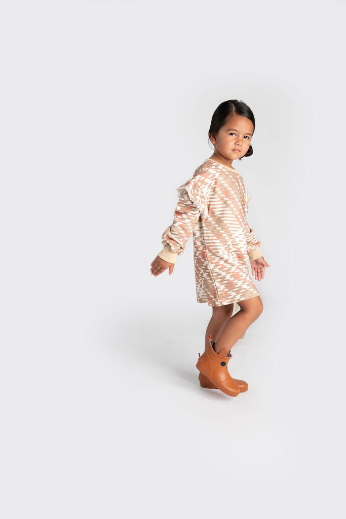 Girls Terry Dress with Plaid Ruffle in Beige OMAMImini Girls Terry Dress with Plaid Ruffle in Beige OMAMImini