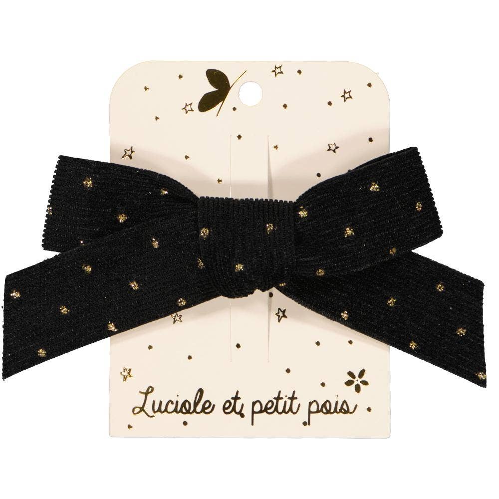 Princess bow hair clip - Black velvet ribbon with gold dots
