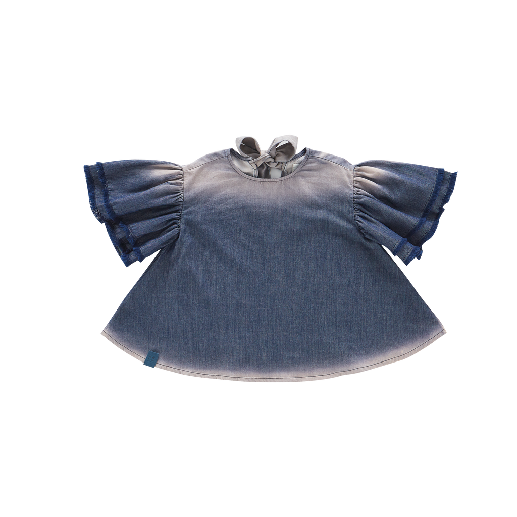 Girls Distressed Chambray Flared Top | Indigo OM573A