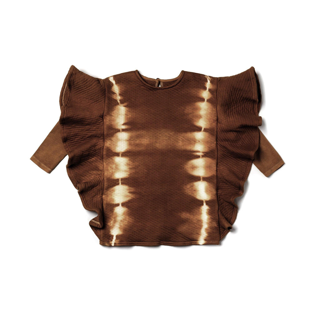 Girls tie dye dress in brown with ruffled cape sleeve, flat lay